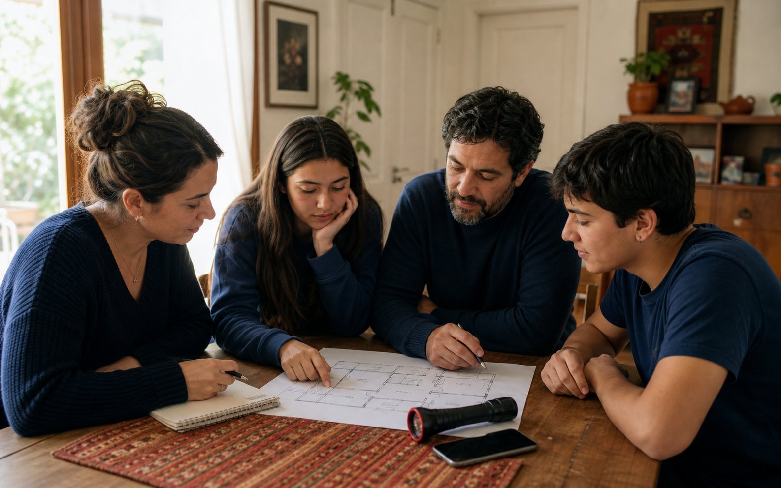 Familia chilena conversando y organizando un plan de emergencia en casa